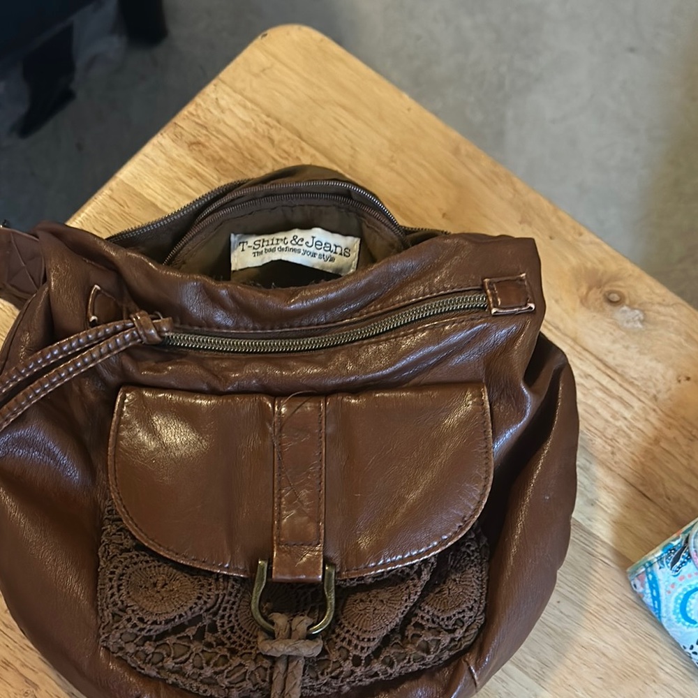 Brown Leather Bag with Lace Detail crossbody